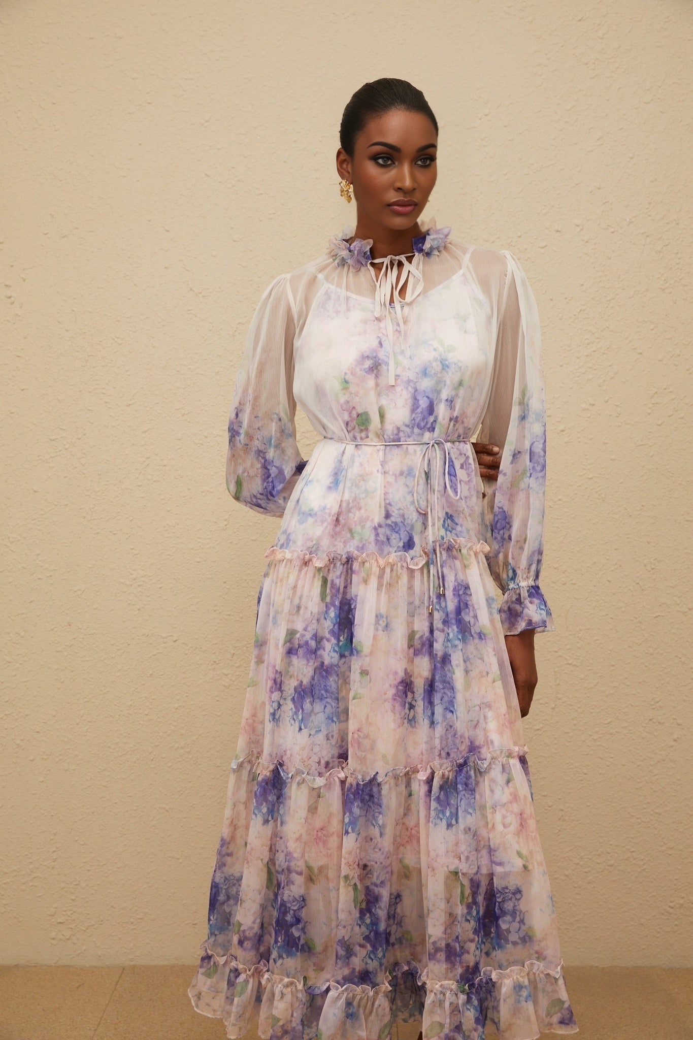 Blue Floral Print Midi Dress with Frilled Neck and Puff Sleeves