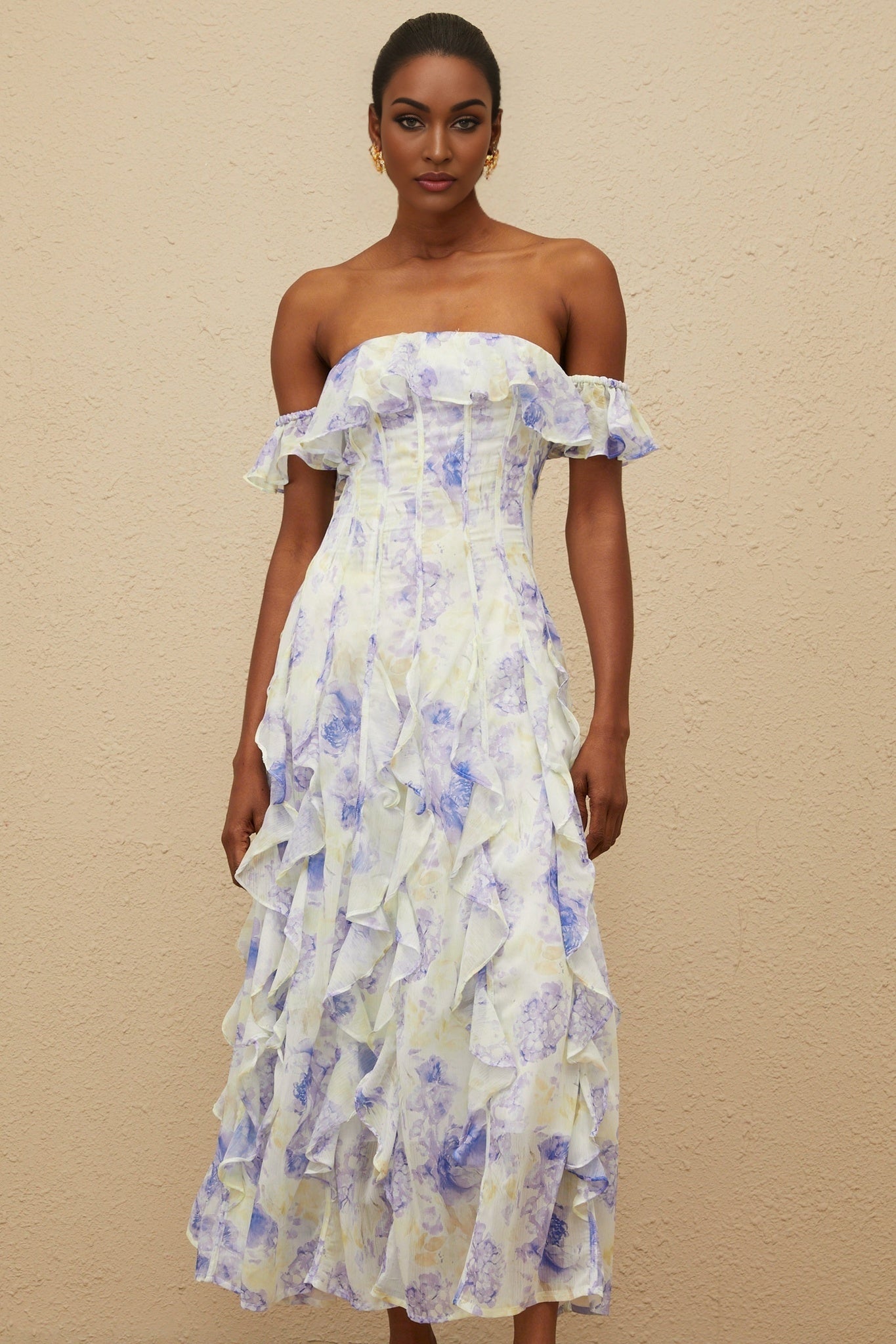 Blue floral print off the shoulder maxi dress with ruffled detailing and shirred effect