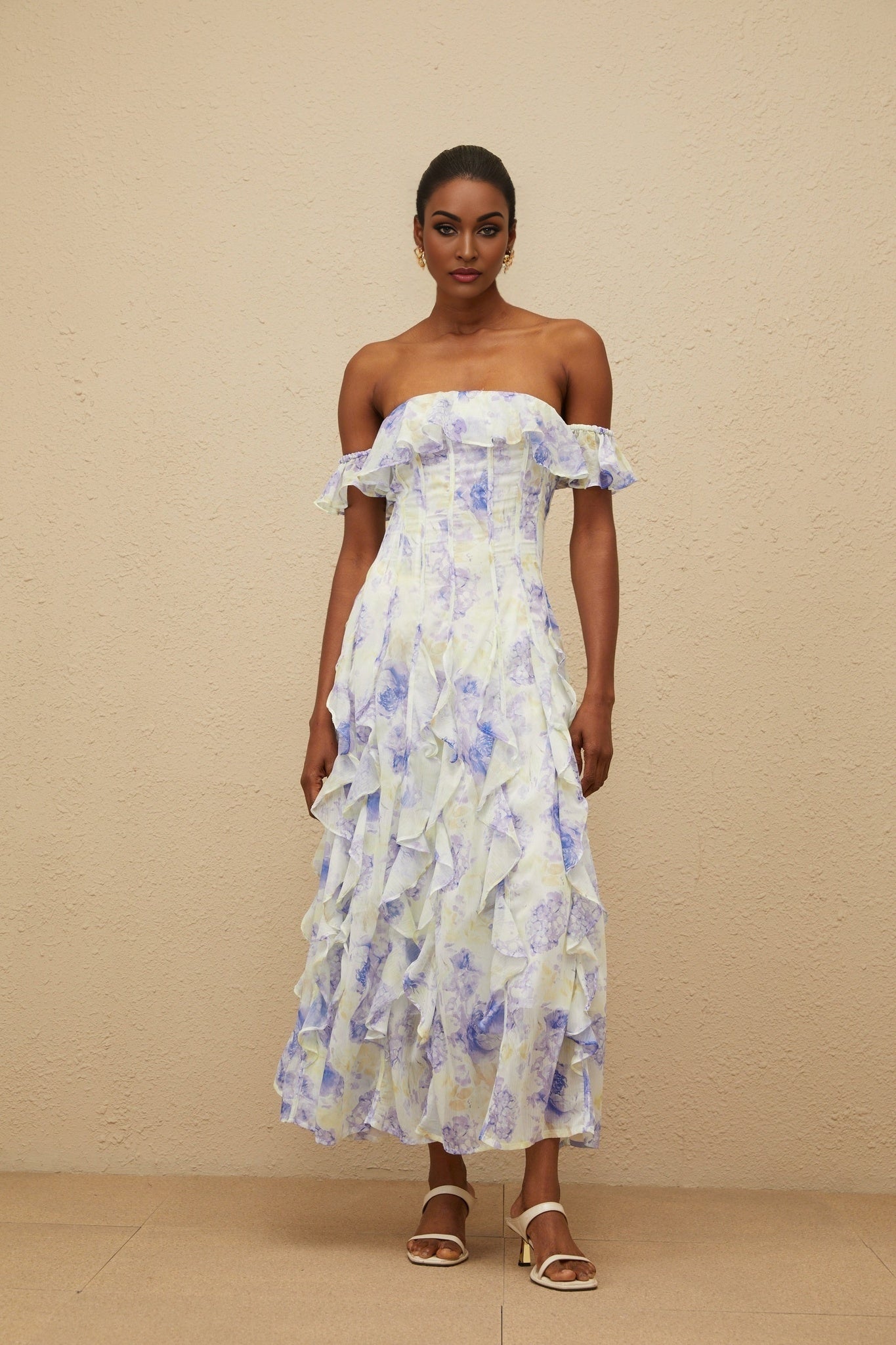 Blue Floral Print Off the Shoulder Maxi Dress with Ruffled Detailing