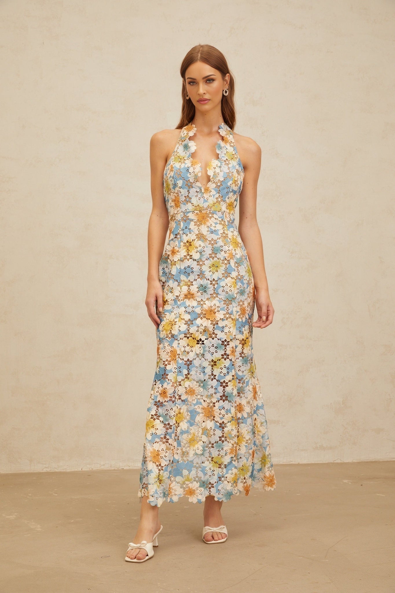 Blue Halterneck Floral Embroidered Maxi Dress with Cut-Out Design