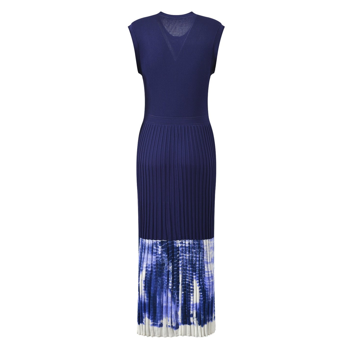 Blue knit button-up dress with pleats and tie-dye accents