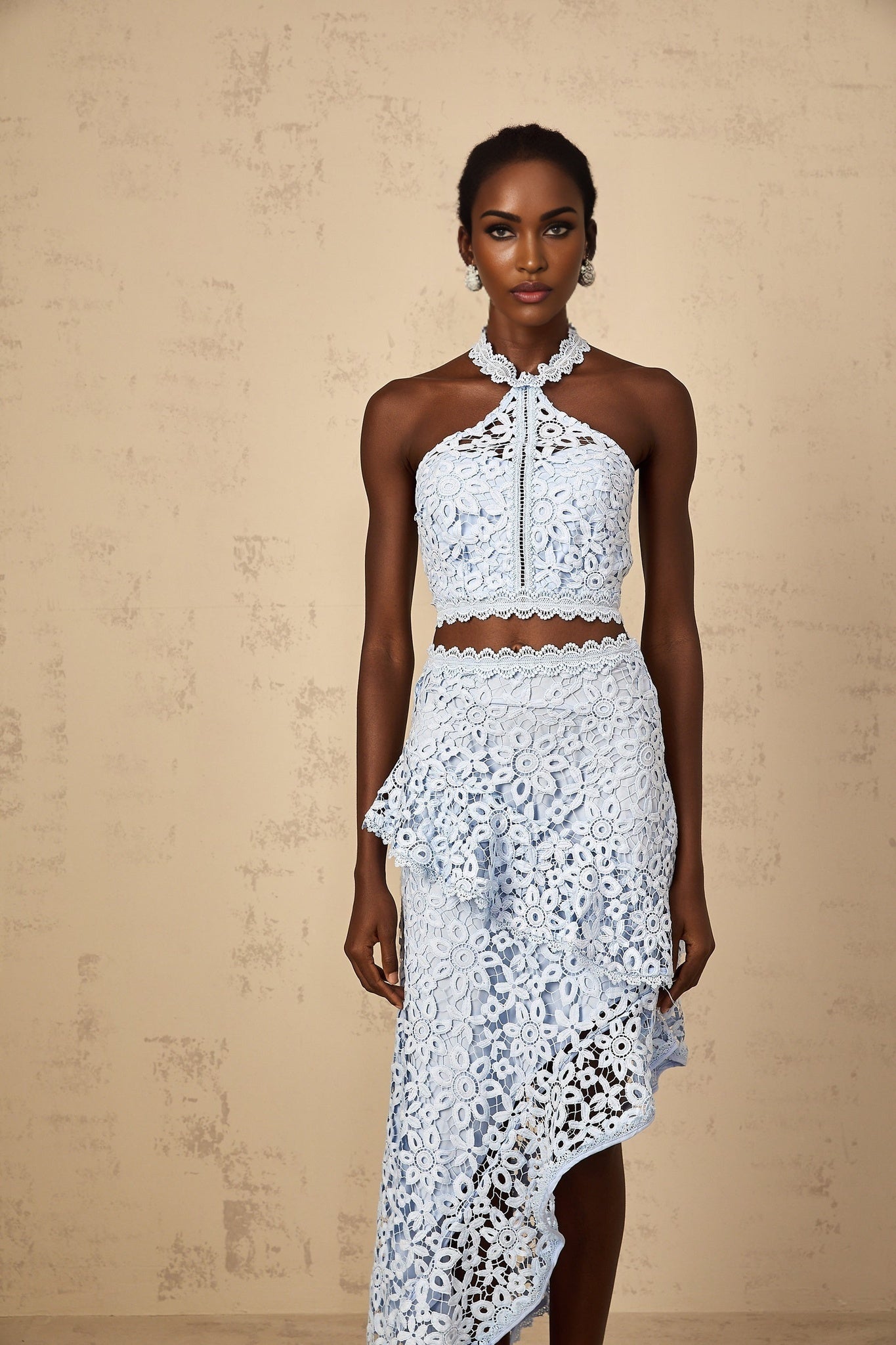 Blue lace matching set for women featuring corded lace design by Bruyère