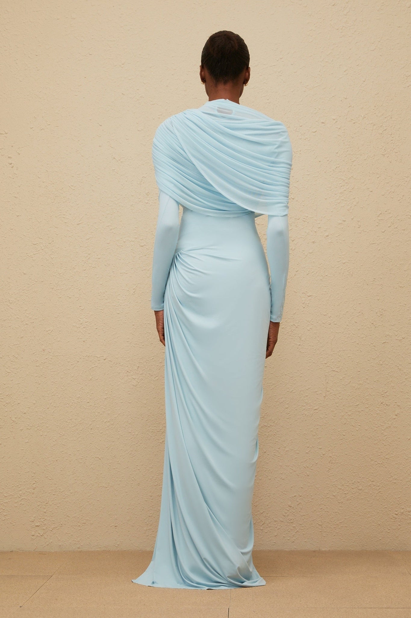Blue mesh shawl with pleated and draped detailing