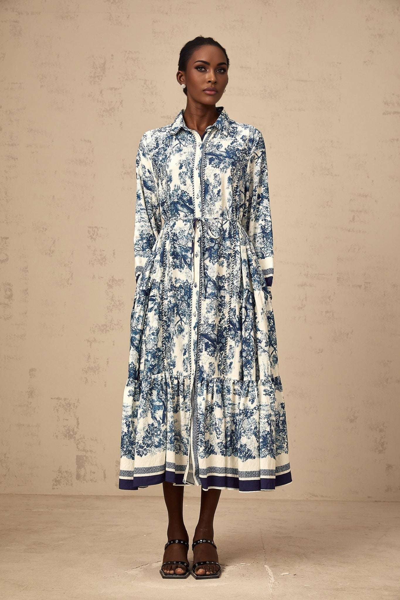 Blue midi dress with graphic print pattern featuring Adélaïde design