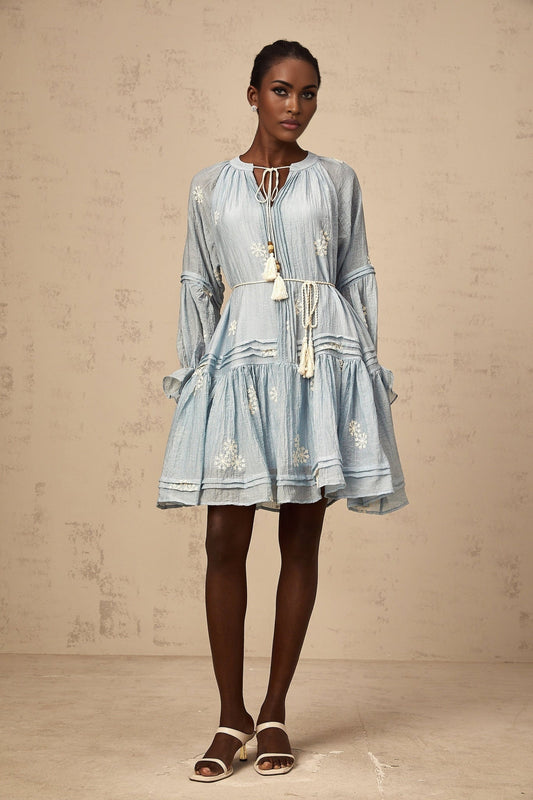 Blue mini dress with floral embroidery details