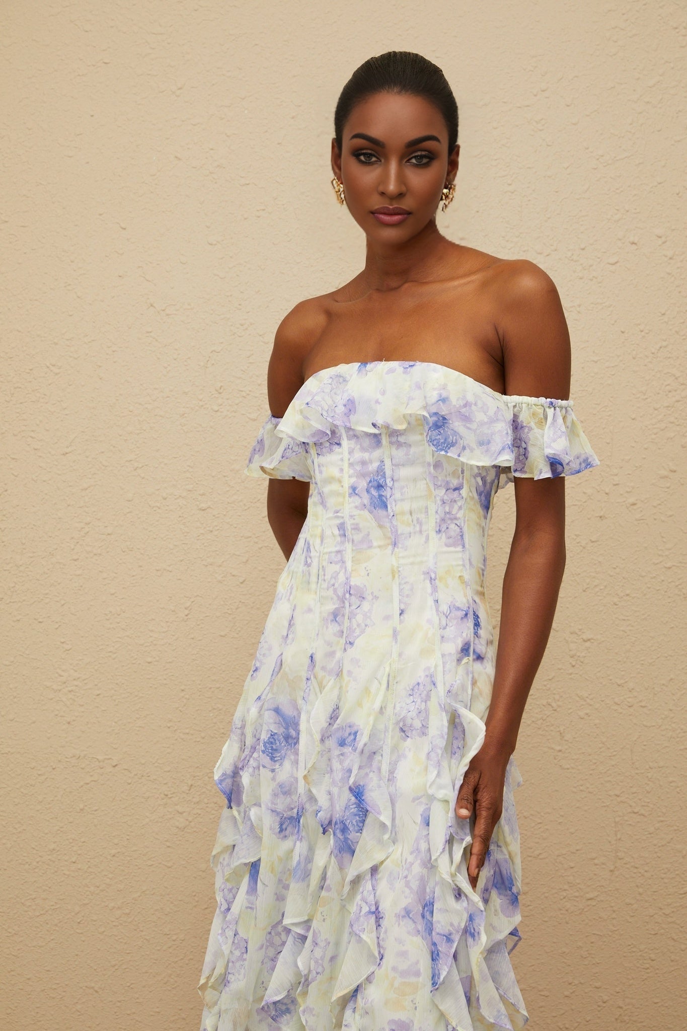 Blue Multicolor Off the Shoulder Sleeveless Floral Print Maxi Dress