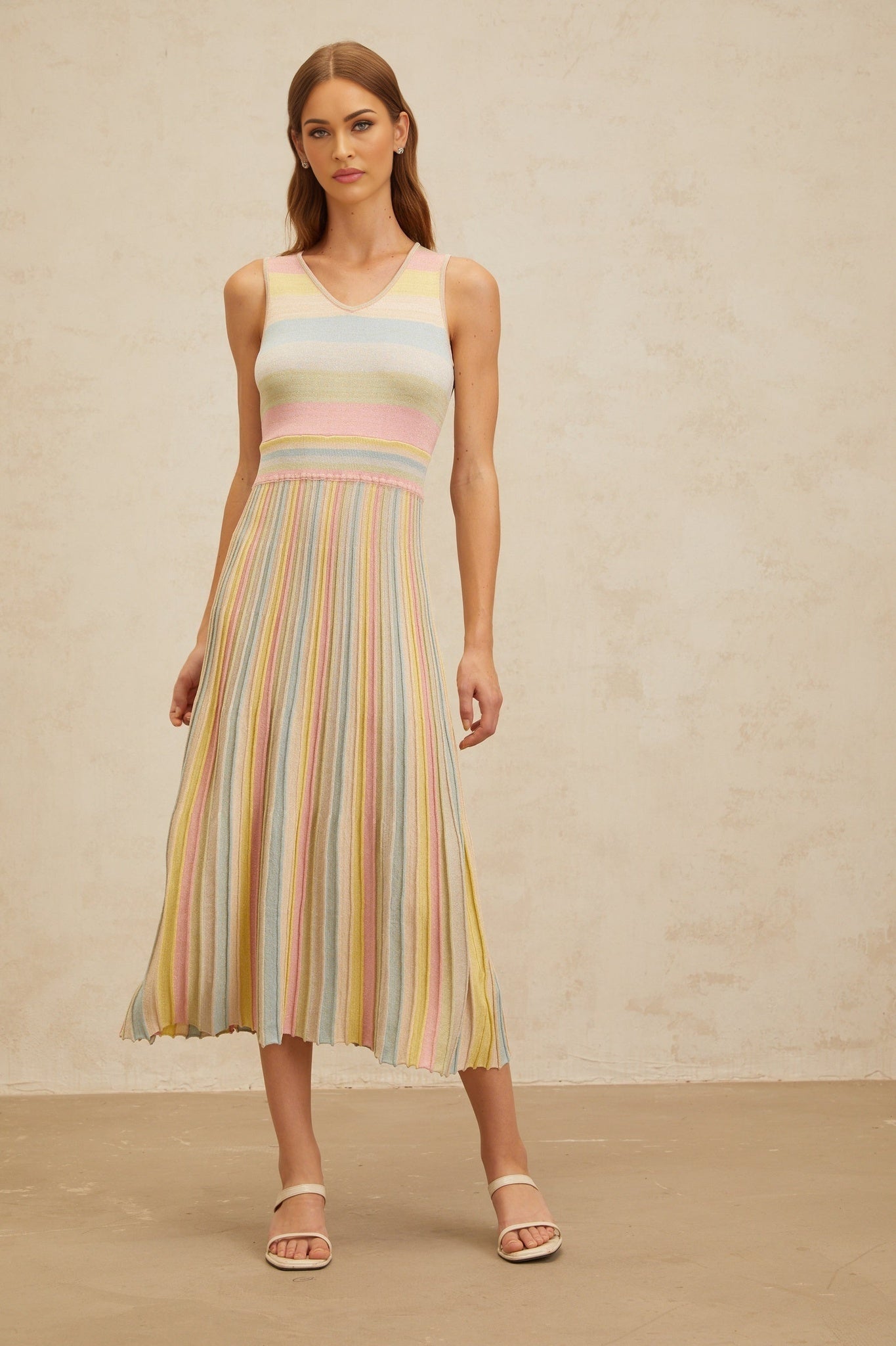Blue and Multicolor Sleeveless Knitted Dress with Stripe Pattern
