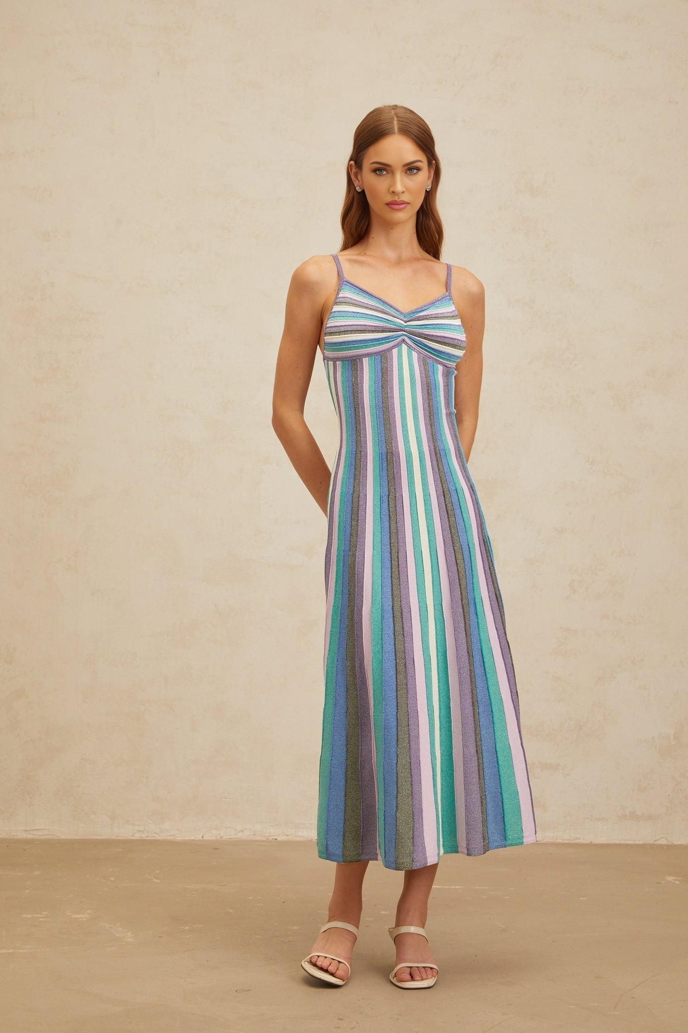 Blue and Multicolor Striped Knitted Midi Dress with Metallic Threading