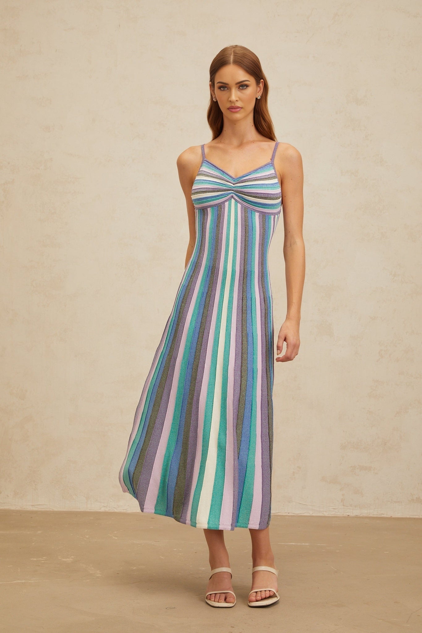 Blue and Multicolor Striped Knitted Midi Dress with Metallic Threading and Pleated Detailing