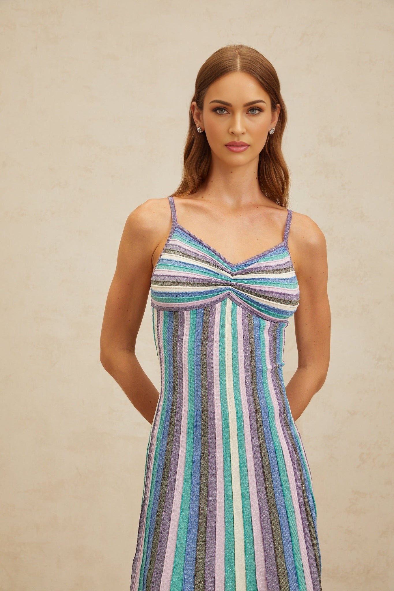 Blue and Multicolor V-neck Sleeveless Knitted Striped Midi Dress with Metallic and Ruched Detailing