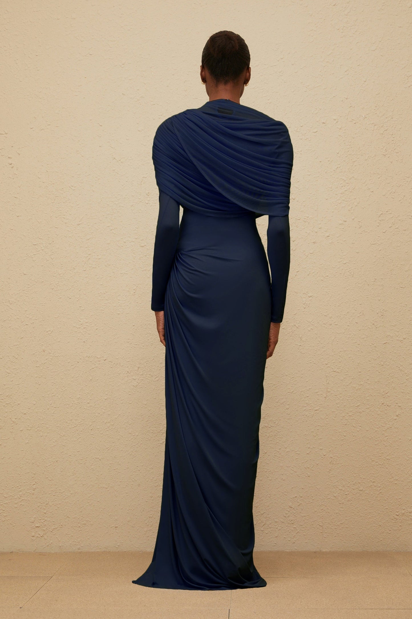 Blue Navy Mesh Shawl Pleated Asymmetrical Draped Floor Length Dress