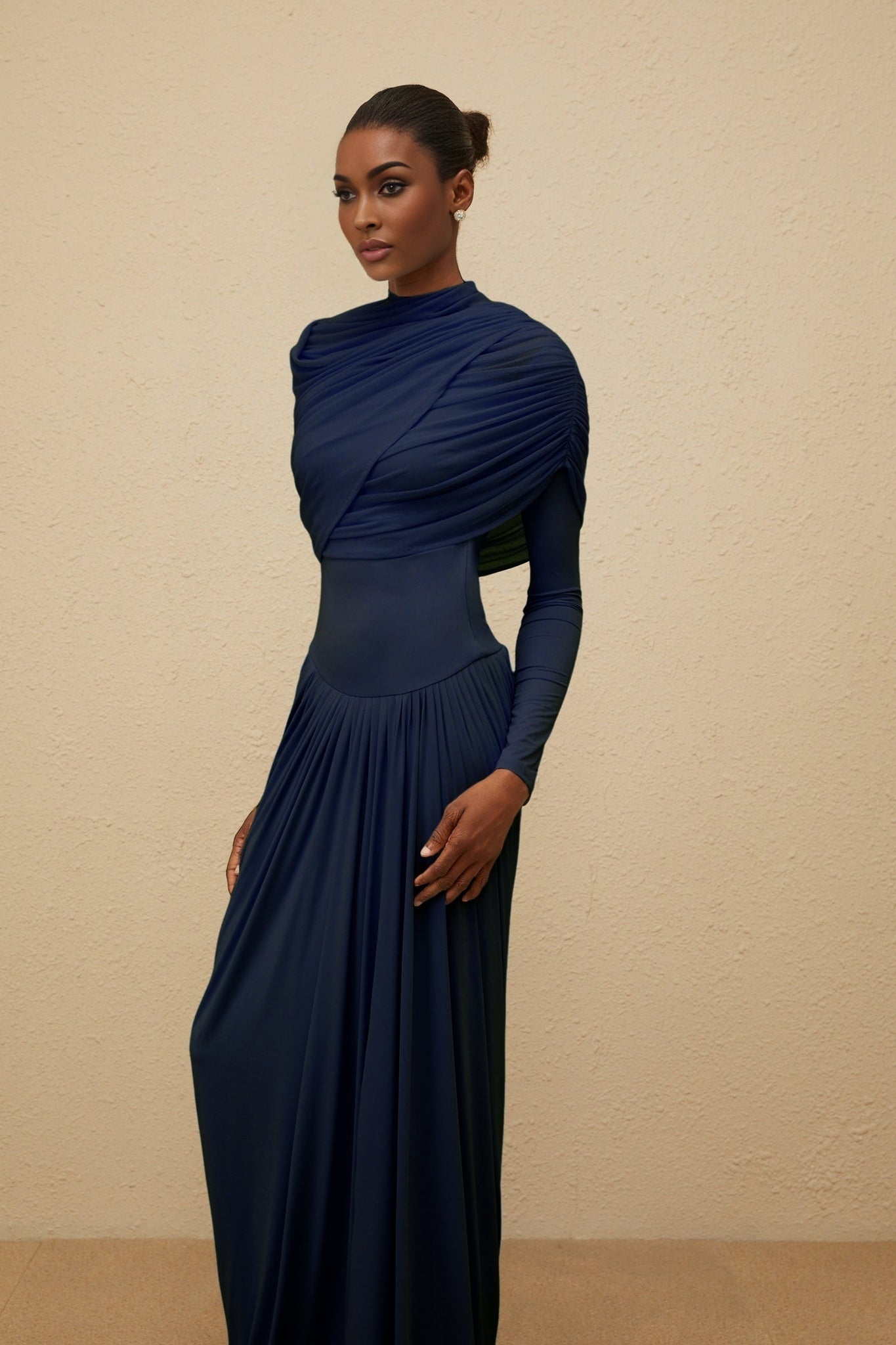 Blue Navy Mesh Shawl Pleated Asymmetrical Draped Floor Length Dress