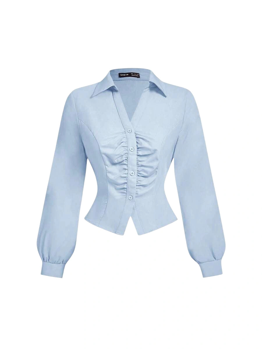Blue Crop Top Pleated Front Long Sleeve Fitted Ladies Blouse Business Casual Women 90s