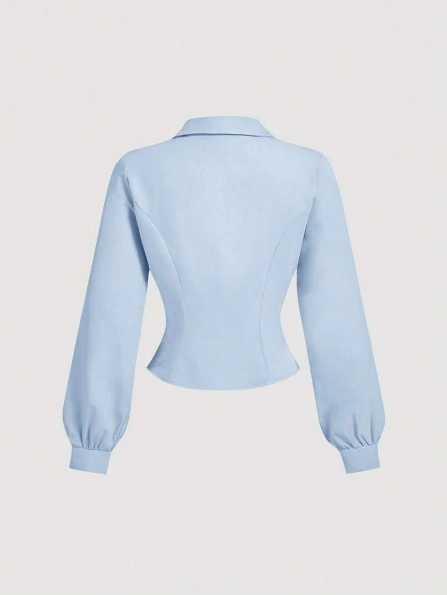 Blue Crop Top Pleated Front Long Sleeve Fitted Ladies Blouse Business Casual Women 90s