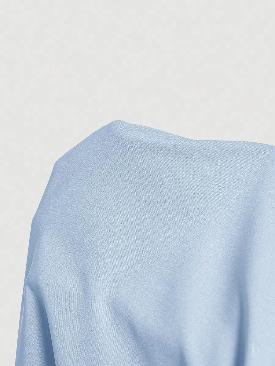 Blue Crop Top Pleated Front Long Sleeve Fitted Ladies Blouse Business Casual Women 90s
