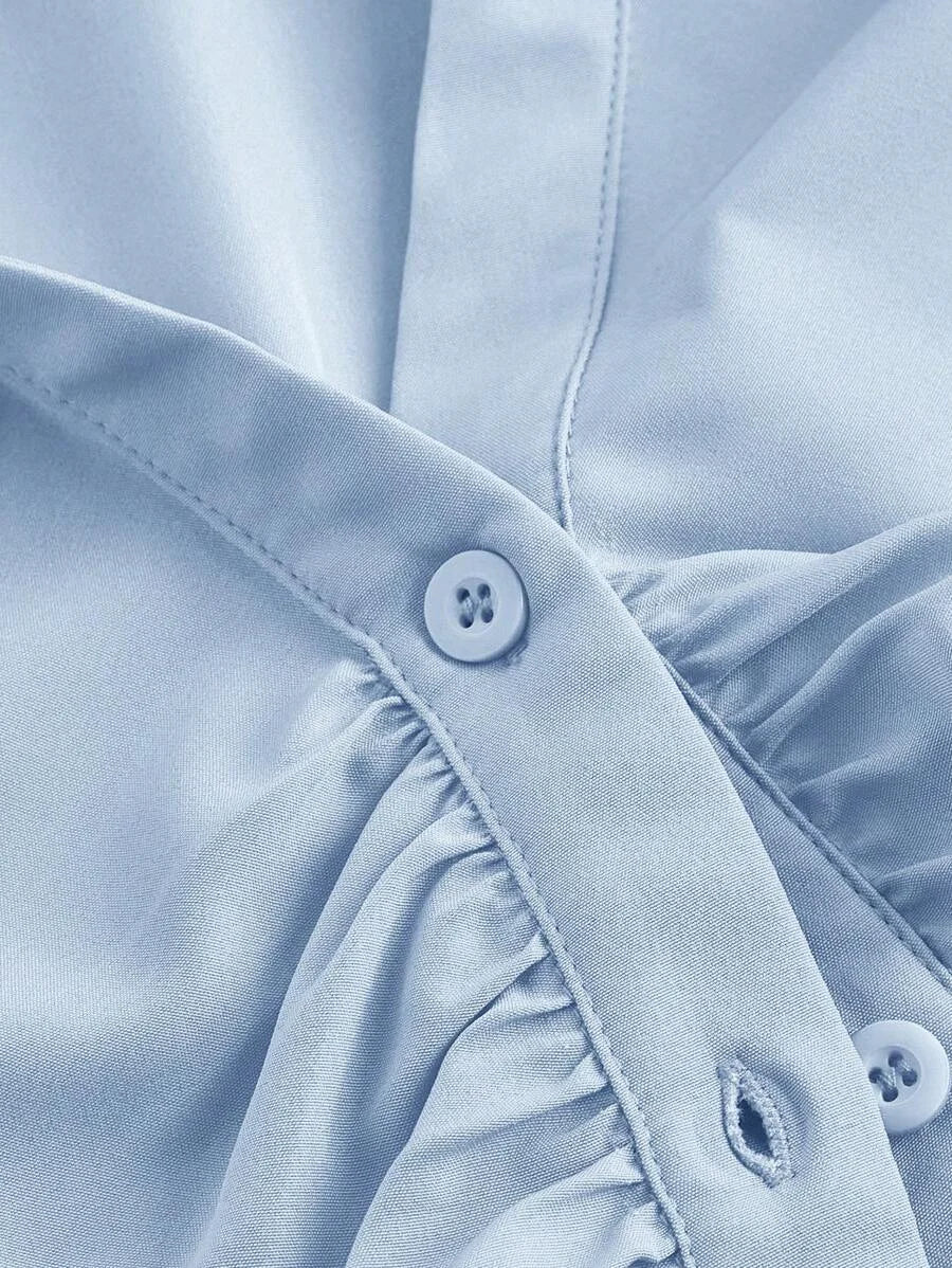 Blue Crop Top Pleated Front Long Sleeve Fitted Ladies Blouse Business Casual Women 90s