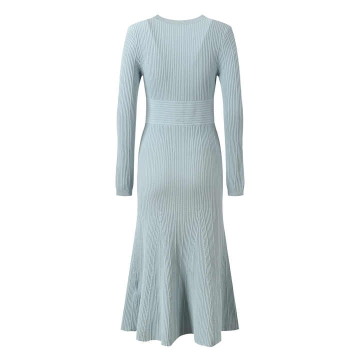 Blue ribbed knit dress with v-neck and button detail