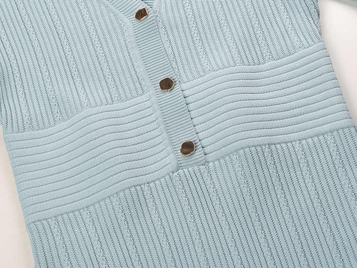 Blue Ribbed Knit V-Neck Dress with Button Detail