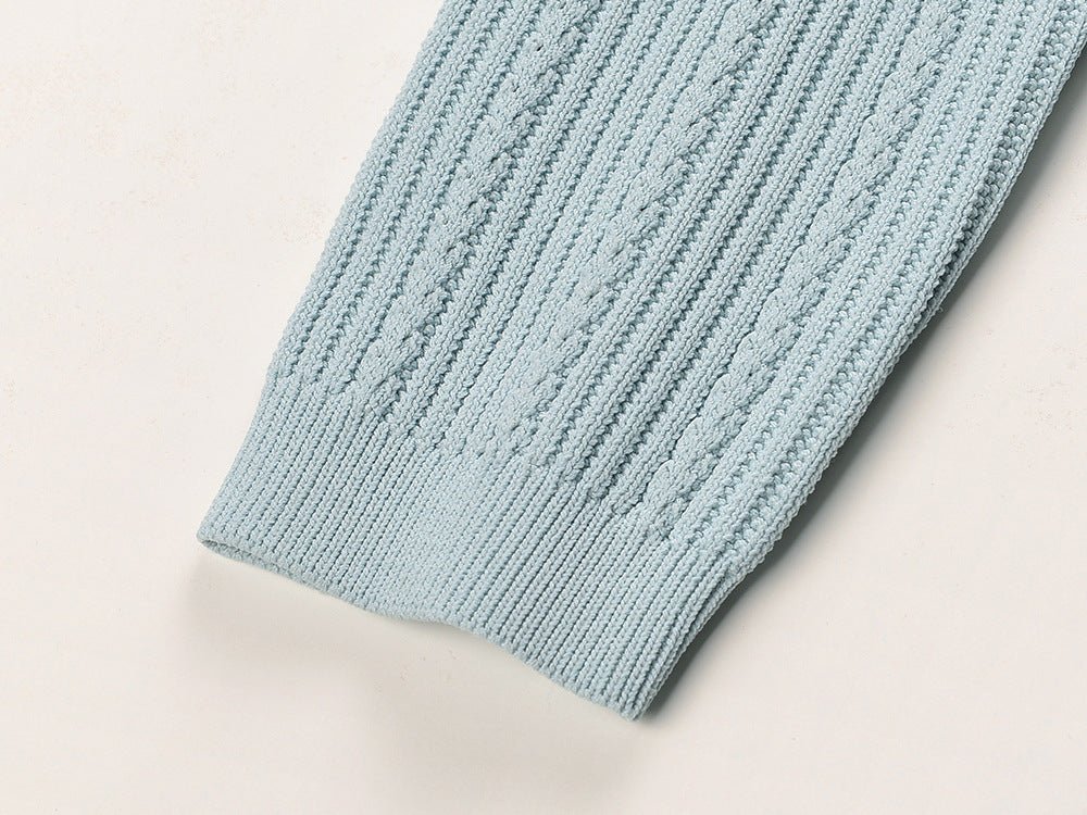 Blue Ribbed Knit V-Neck Dress with Button Detail