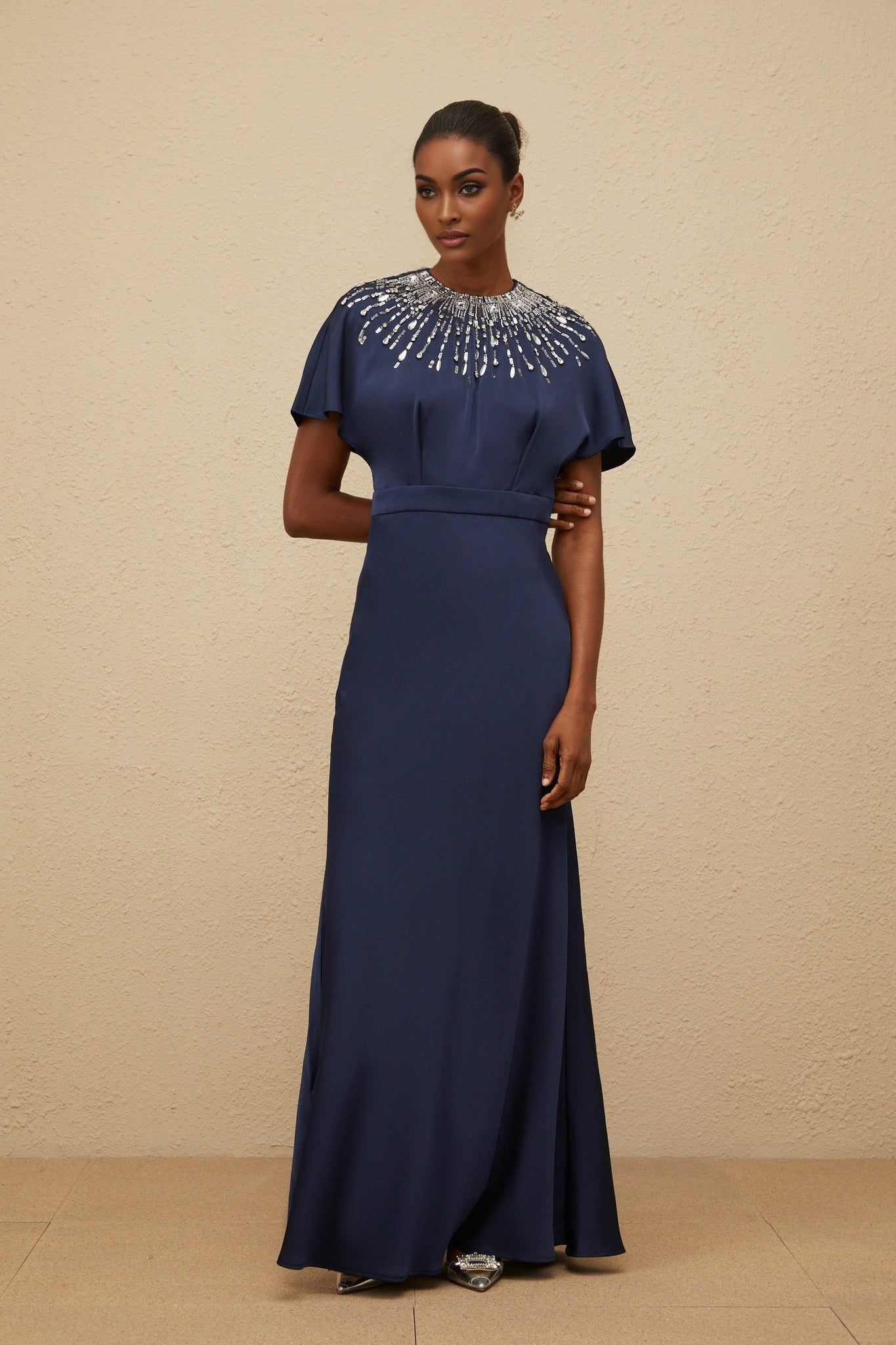 Blue Satin Maxi Dress with Sequin, Crystal, and Bead Embellishments