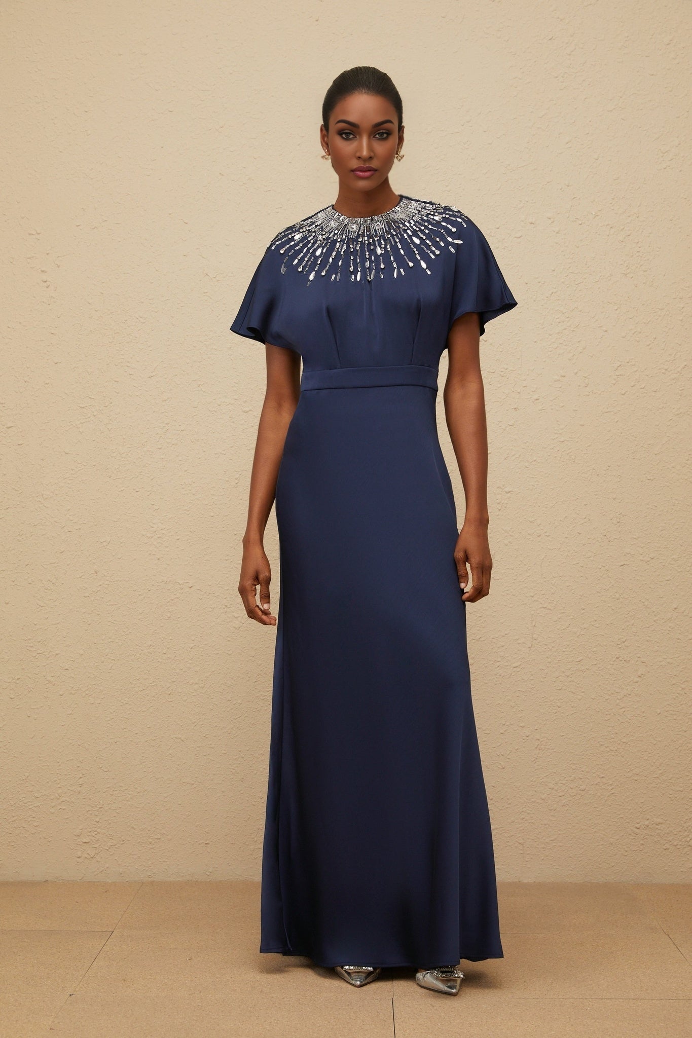 Blue Satin Maxi Dress with Sequin, Crystal, and Bead Embellishments