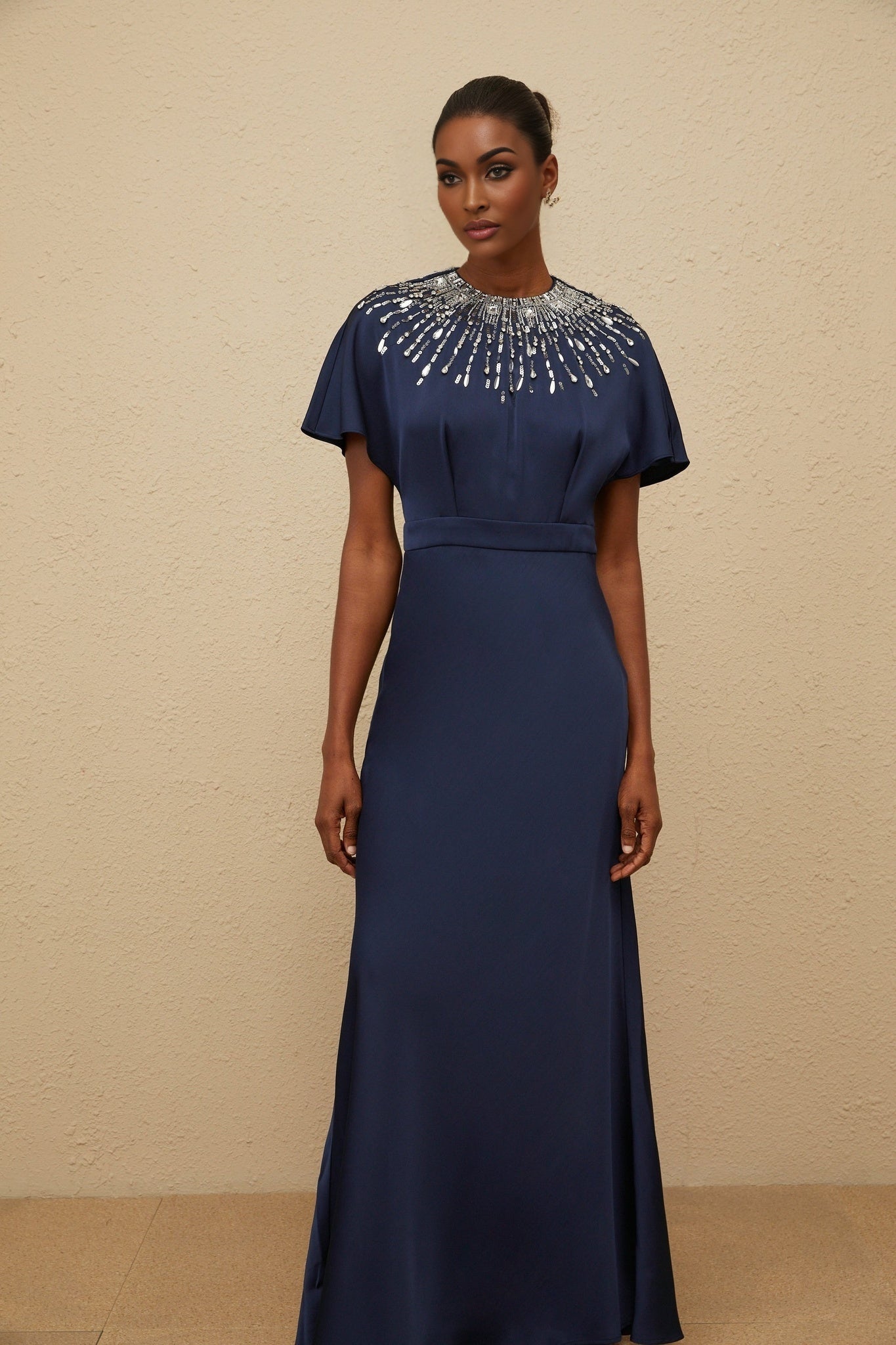 Blue Satin Maxi Dress with Sequin, Crystal, and Bead Embellishments