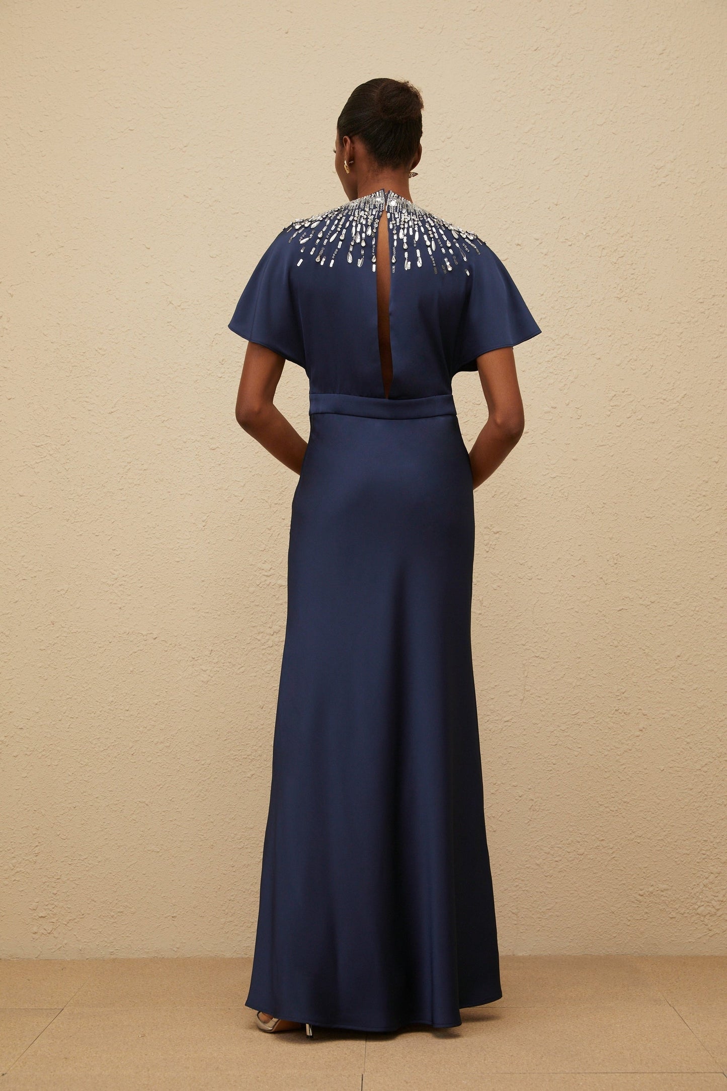 Blue Satin Sequin Crystal Bead Embellished Maxi Dress