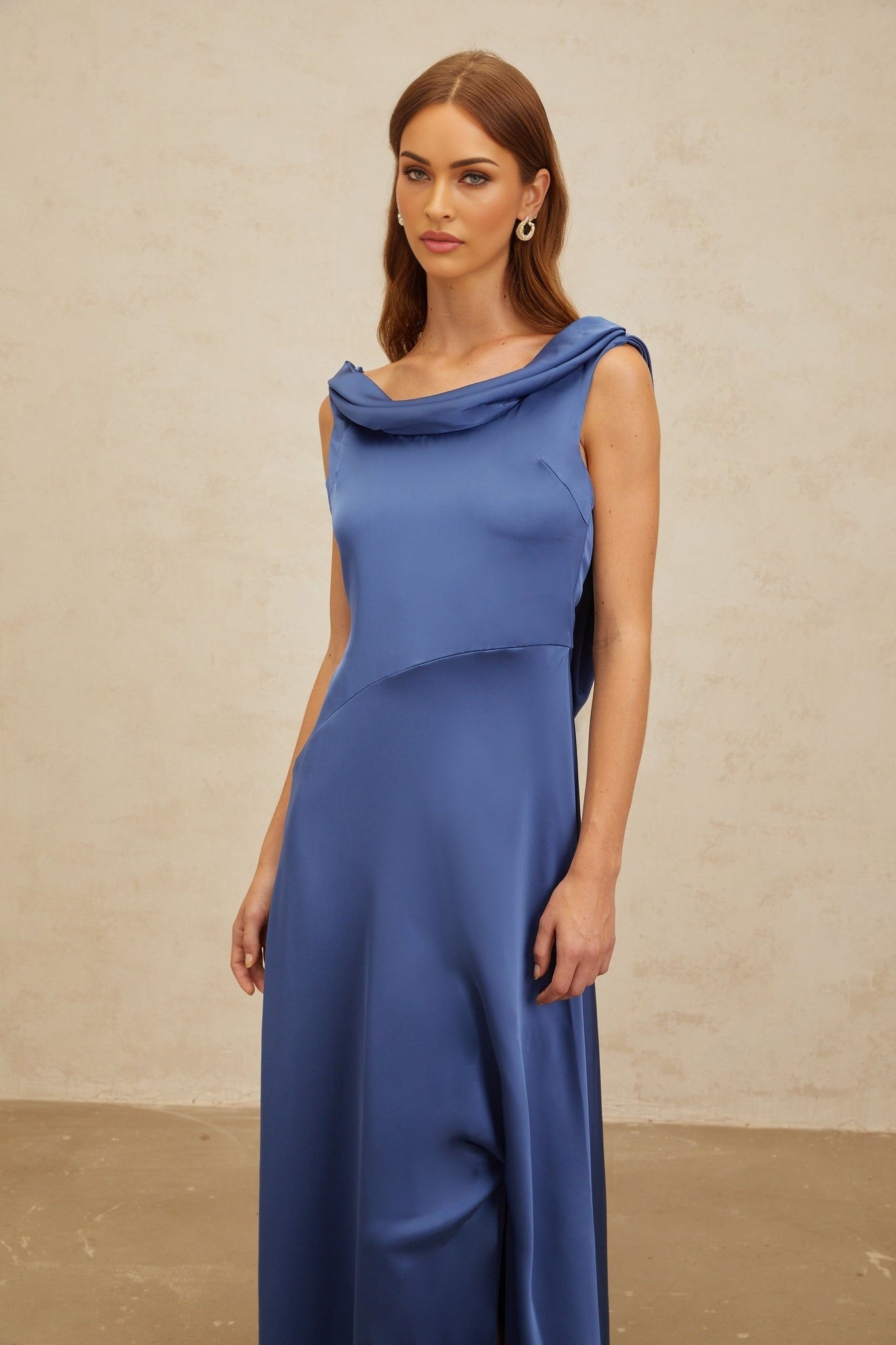 Blue Satin Sleeveless Maxi Dress with Cowl Neck and Open Back