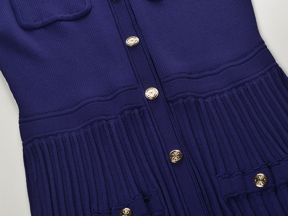 Blue tie-dye fitted knit top with pleats and pockets