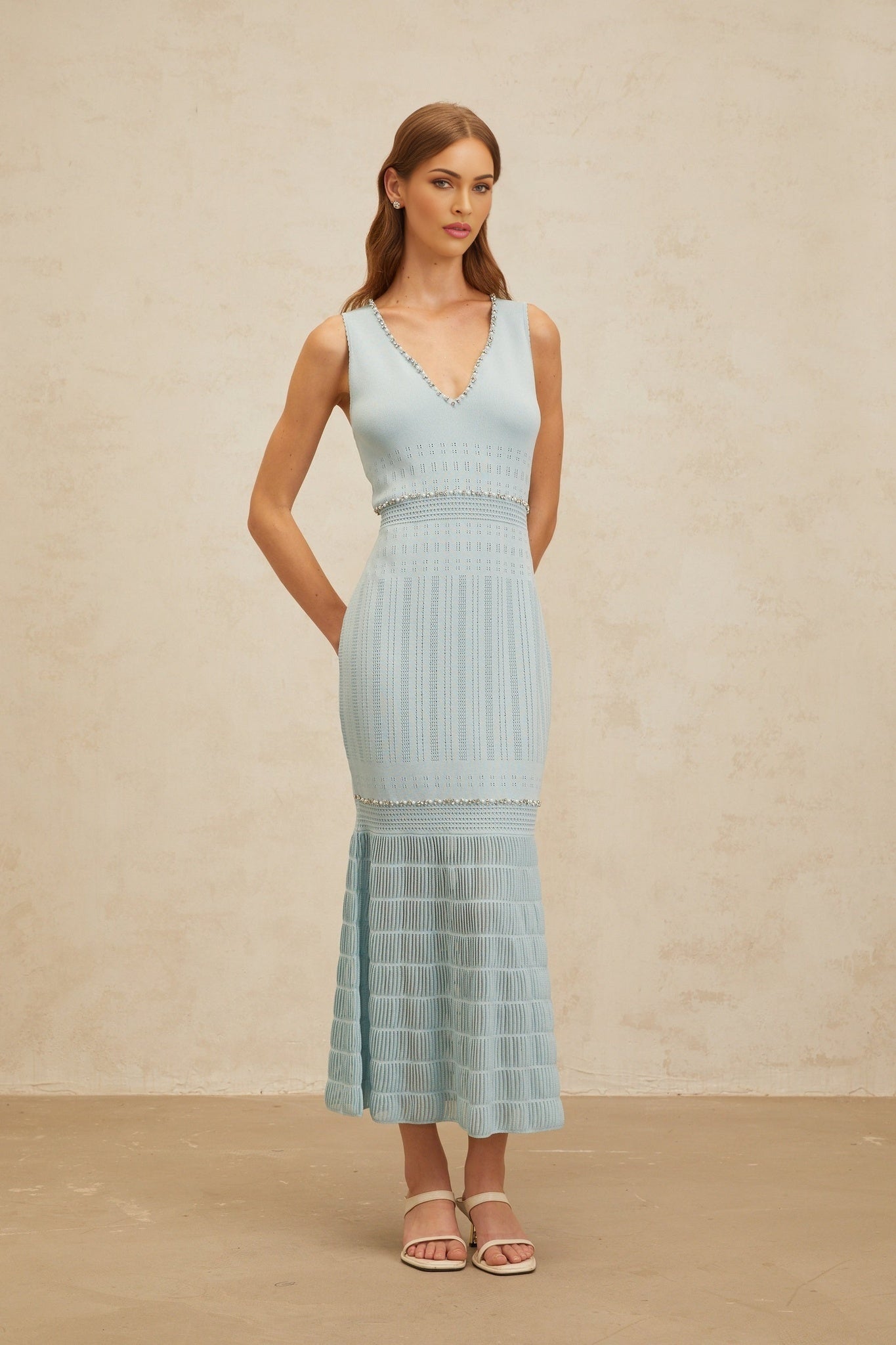 Blue V-neck Sleeveless Knitted Maxi Dress with Rhinestone and Faux-pearl Embellishments