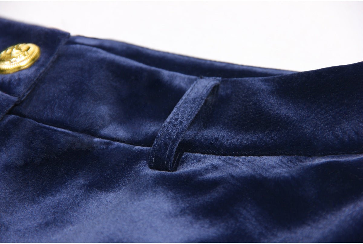 Blue velvet double-breasted power suit with gold-tone buttons