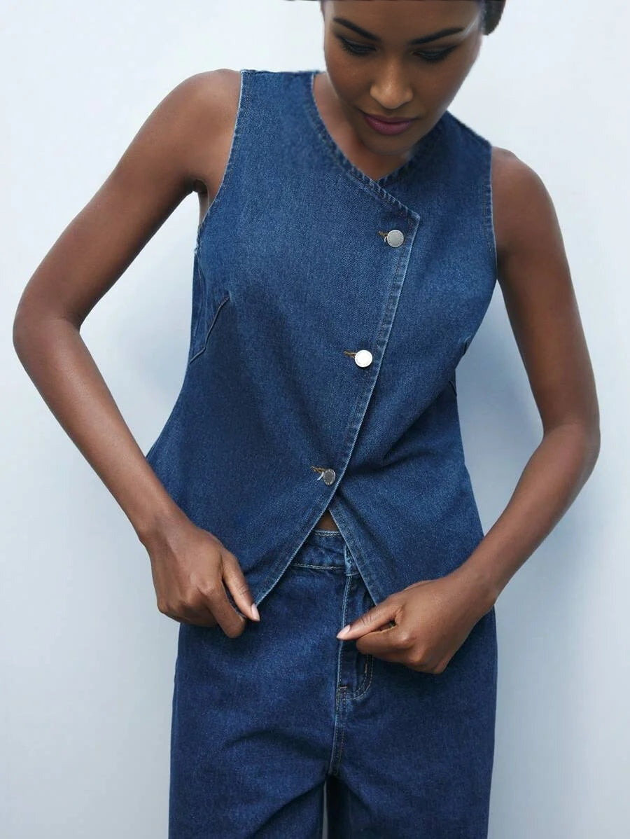 Blue VNeck SingleBreasted Loose Casual Waistcoat Sleeveless Denim Top SpringSummer Western Wear
