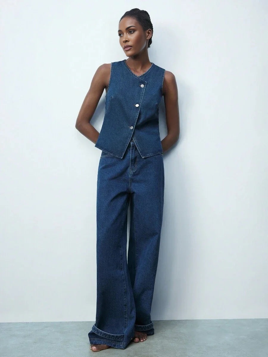 Blue VNeck SingleBreasted Loose Casual Waistcoat Sleeveless Denim Top SpringSummer Western Wear