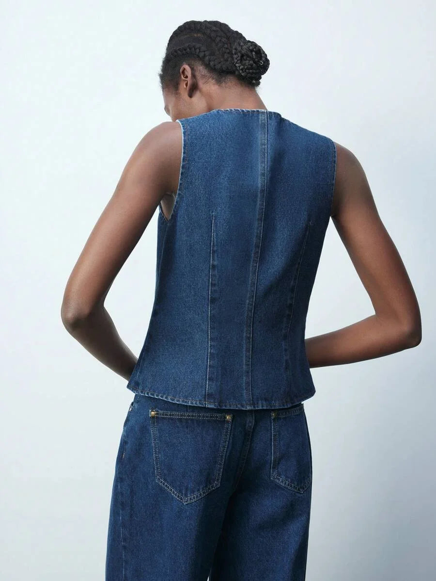 Blue VNeck SingleBreasted Loose Casual Waistcoat Sleeveless Denim Top SpringSummer Western Wear