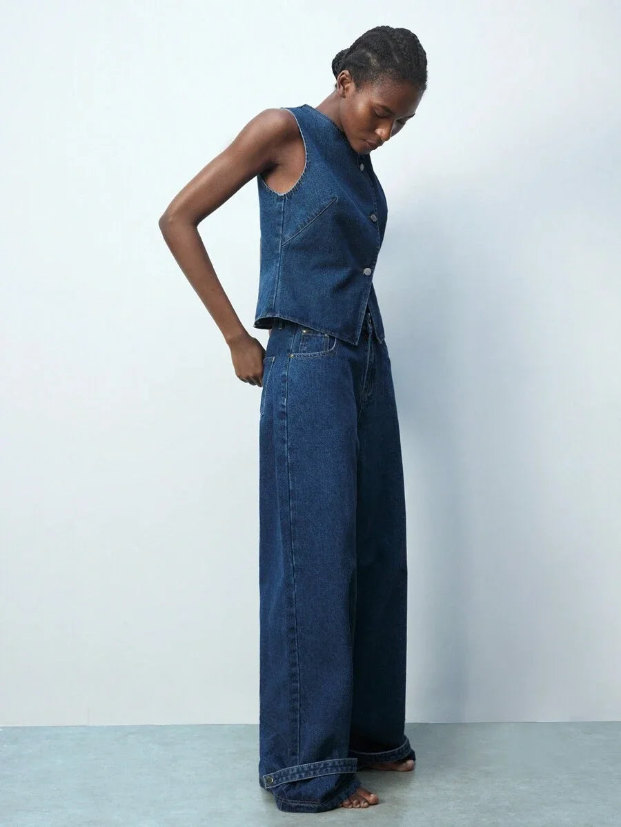 Blue VNeck SingleBreasted Loose Casual Waistcoat Sleeveless Denim Top SpringSummer Western Wear