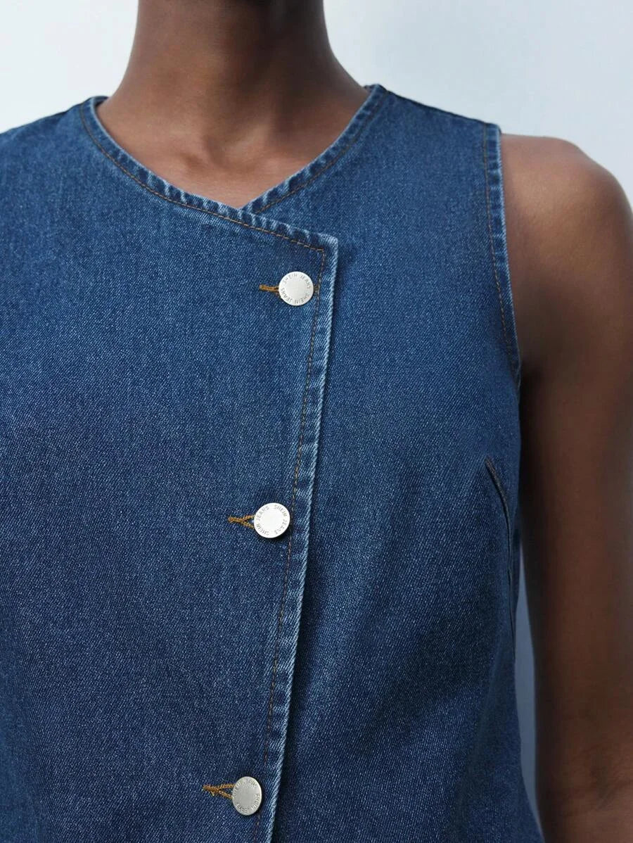 Blue VNeck SingleBreasted Loose Casual Waistcoat Sleeveless Denim Top SpringSummer Western Wear