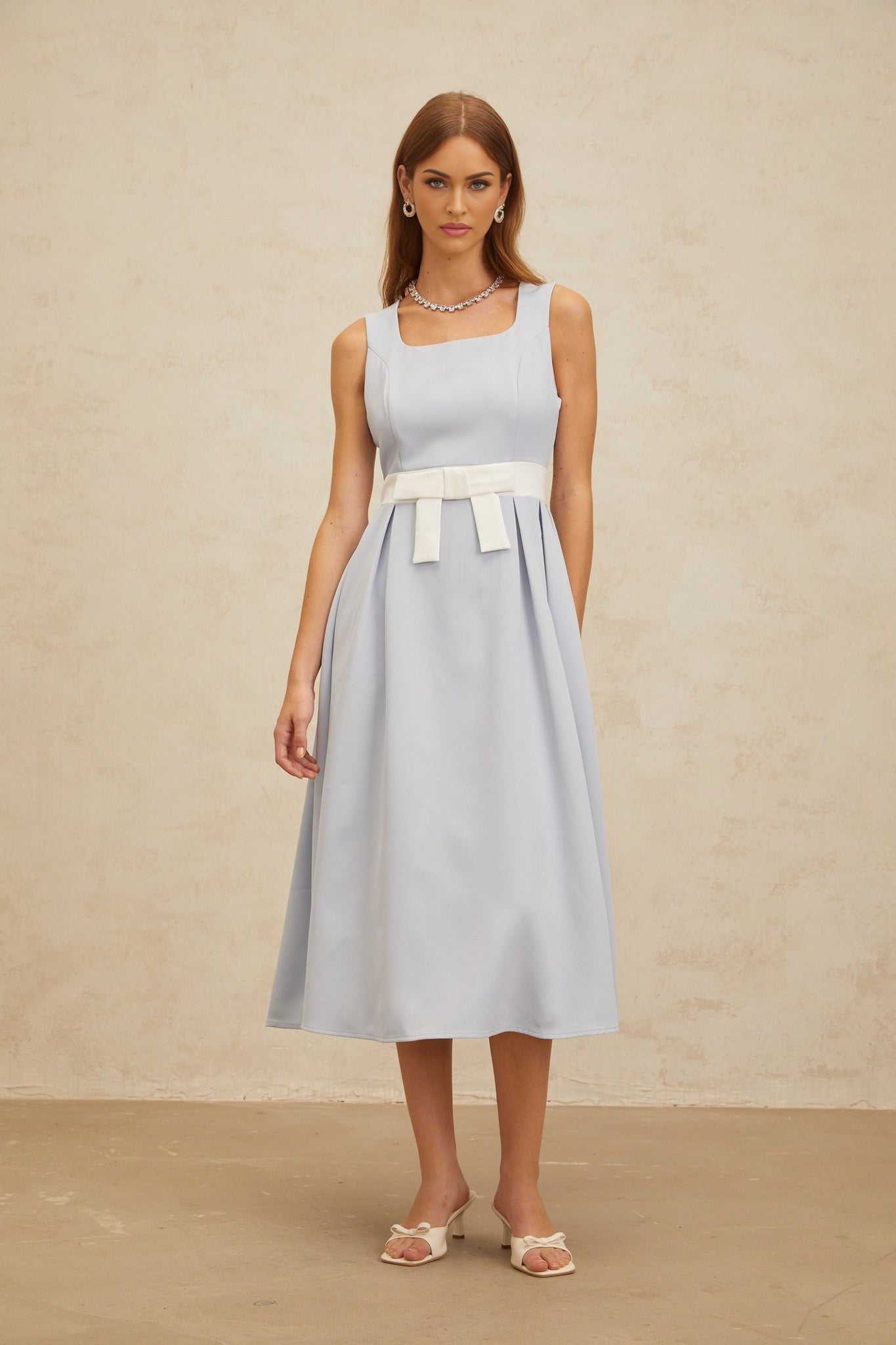 Blue and White Sleeveless Square Neck Midi Dress with Bow Embellishment