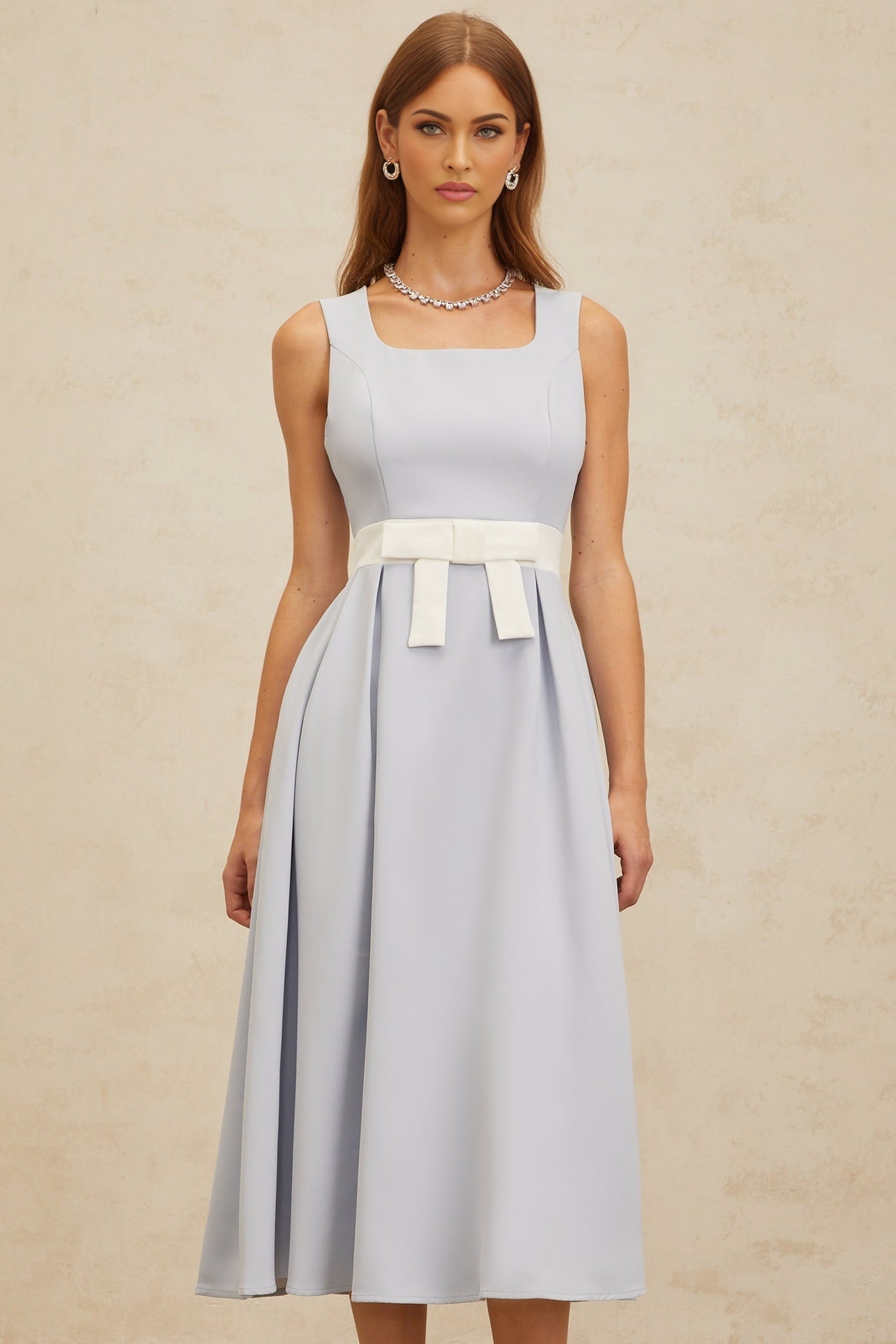 Blue and White Square Neck Sleeveless Midi Dress with Bow Embellishment