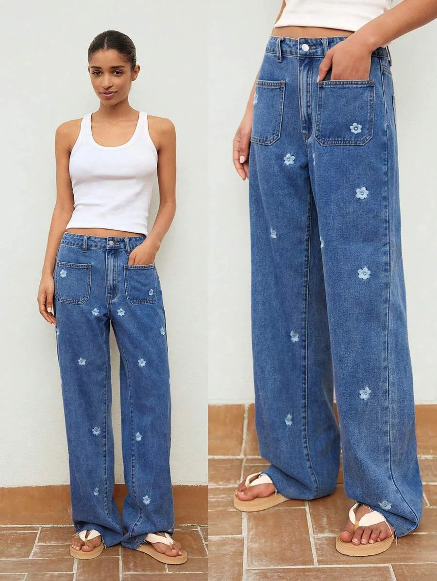 Blue Womens Jeans Embroidery Craft Slimming Straight Pants Low Rise Jeans Summer Denim