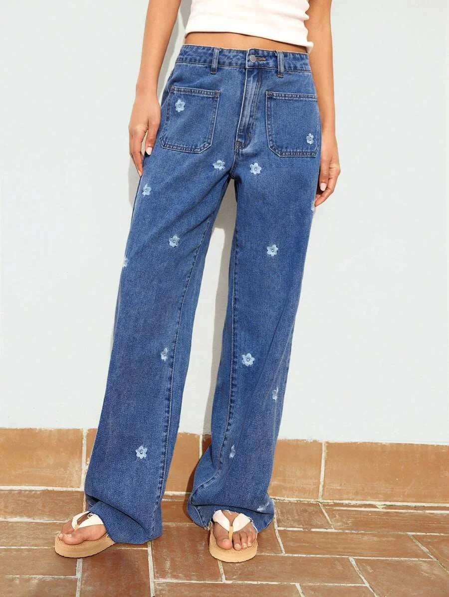 Blue Womens Jeans Embroidery Craft Slimming Straight Pants Low Rise Jeans Summer Denim