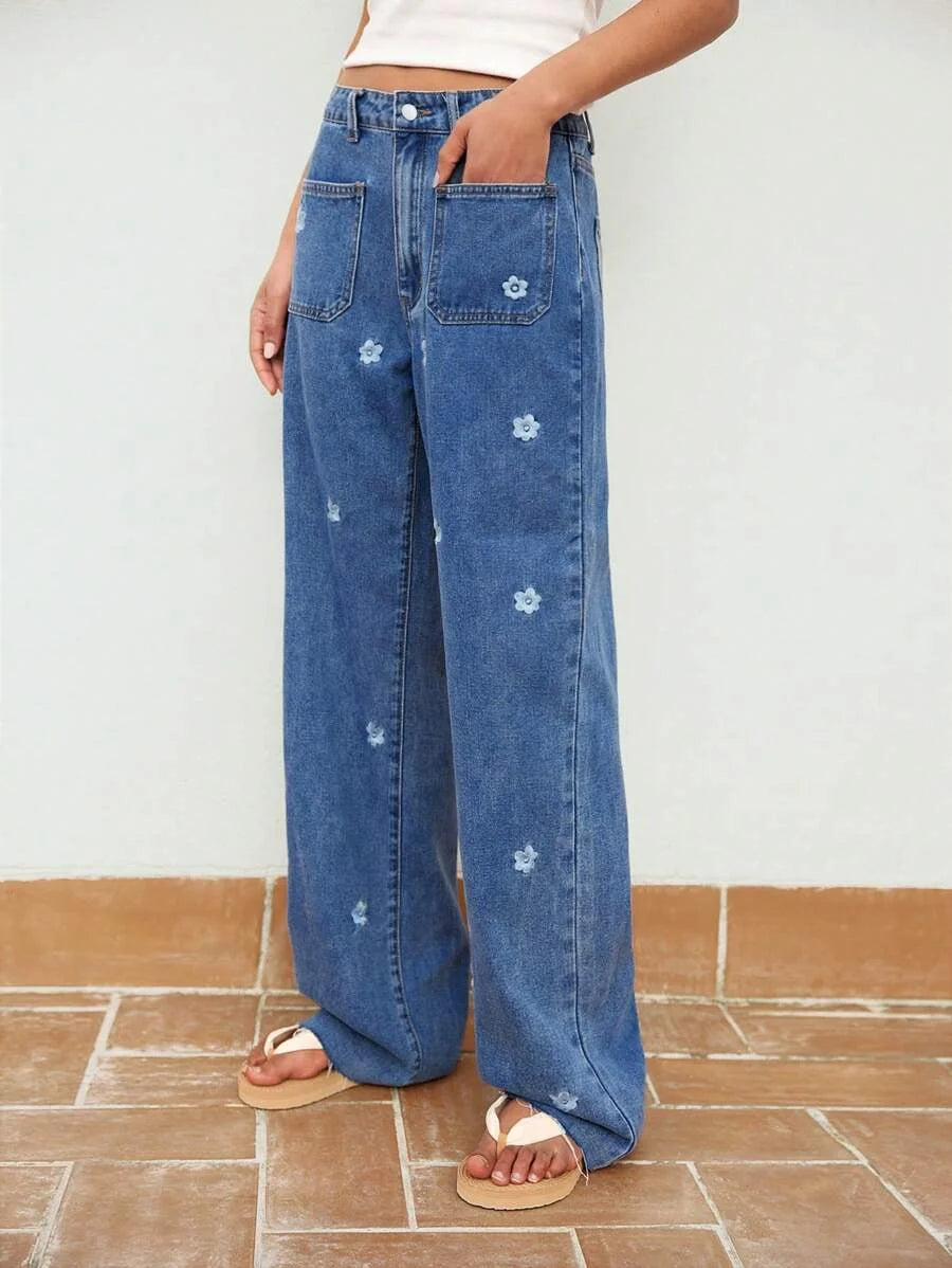 Blue Womens Jeans Embroidery Craft Slimming Straight Pants Low Rise Jeans Summer Denim