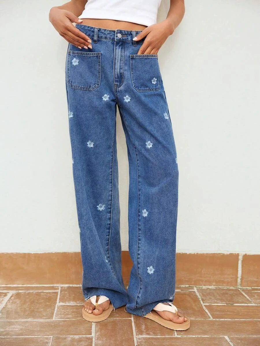 Blue Womens Jeans Embroidery Craft Slimming Straight Pants Low Rise Jeans Summer Denim