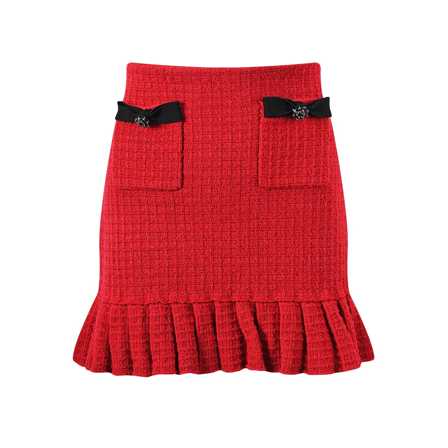 Striking red knitted wool jacket with black trim and decorative bows paired with a matching skirt featuring a flared hem