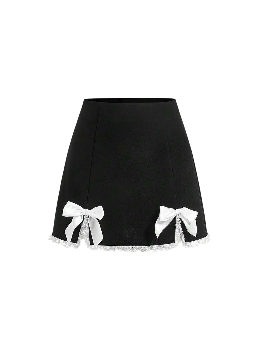 Bow Front Lace Trim Split Hem Black Mini Summer Skirt