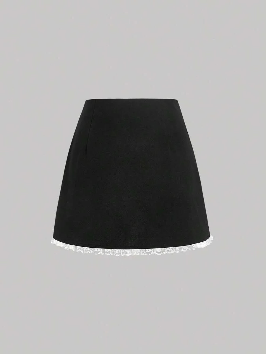 Bow Front Lace Trim Split Hem Black Mini Summer Skirt
