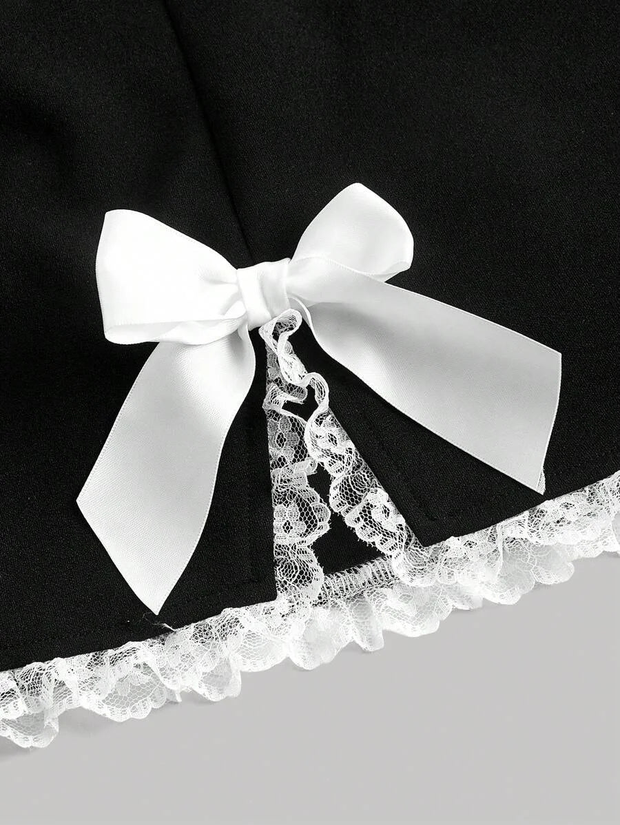Bow Front Lace Trim Split Hem Black Mini Summer Skirt