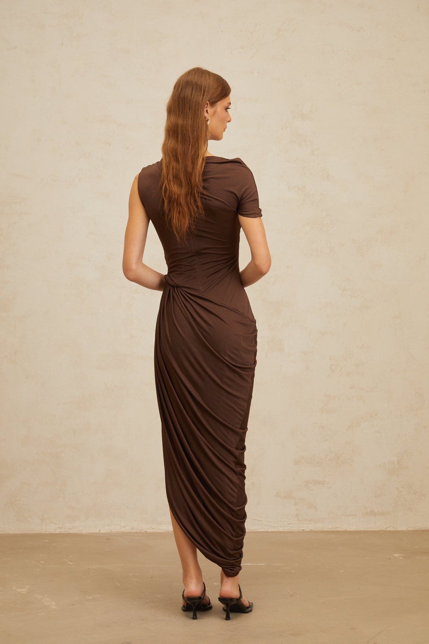 Brown Fitted Waistline Ruched Detailing Asymmetrical Midi Dress