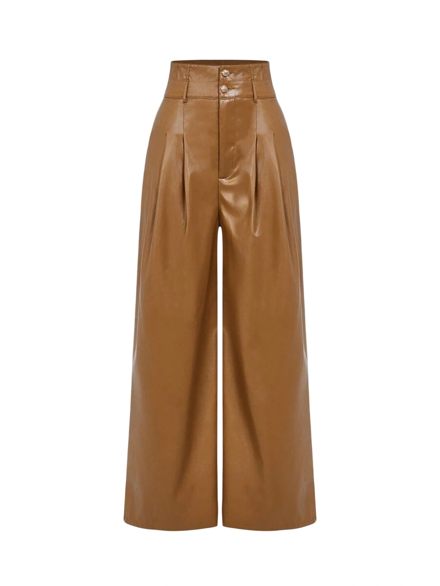 Brown High Waist Double Waistband PU Leather Wide Leg Pants