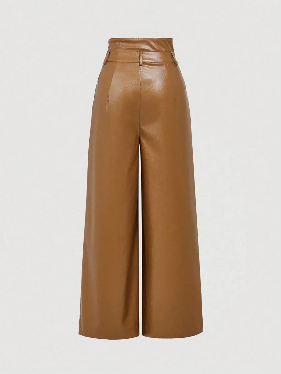 Brown High Waist Double Waistband PU Leather Wide Leg Pants