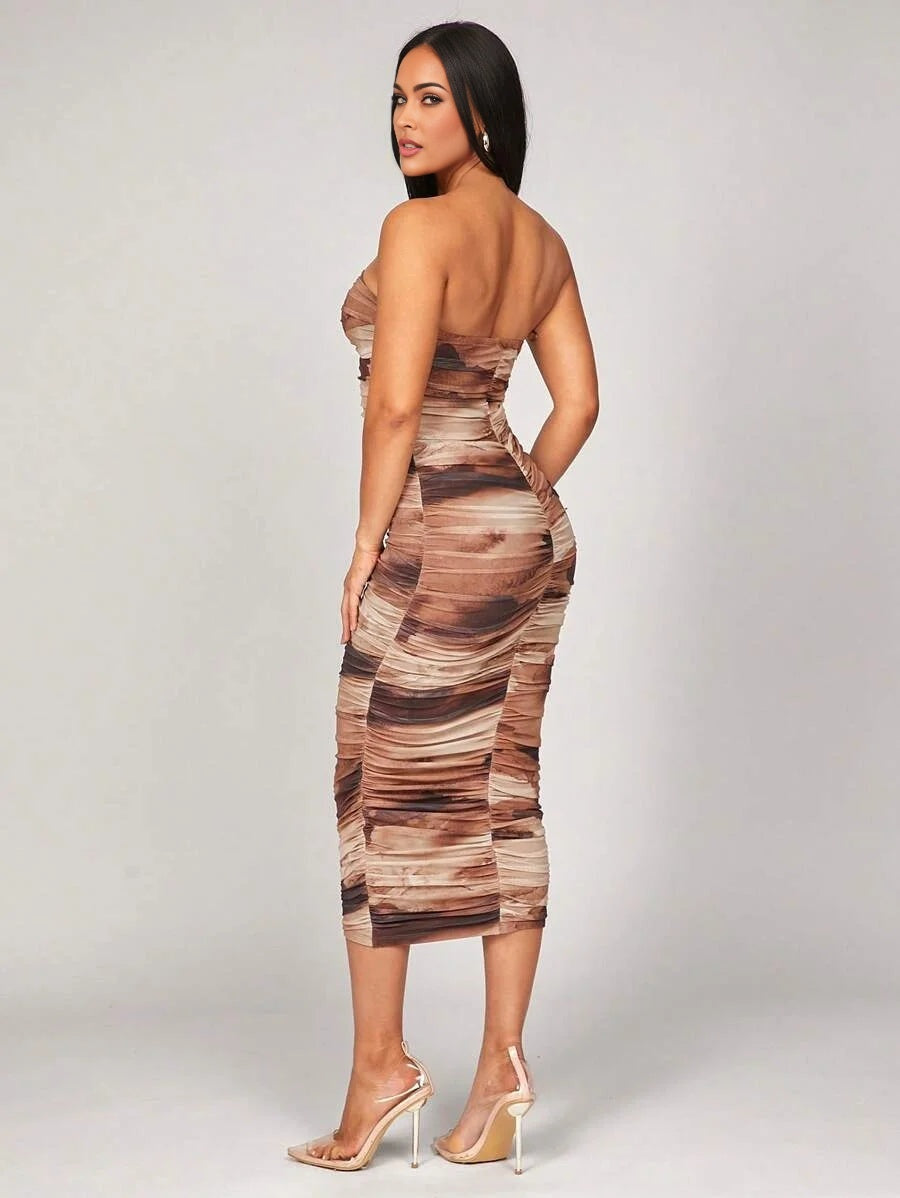 Brown Marble Tie Dye Print Fitted Stretchy Strapless Dress With Underwired Arched Bust SpringSummer